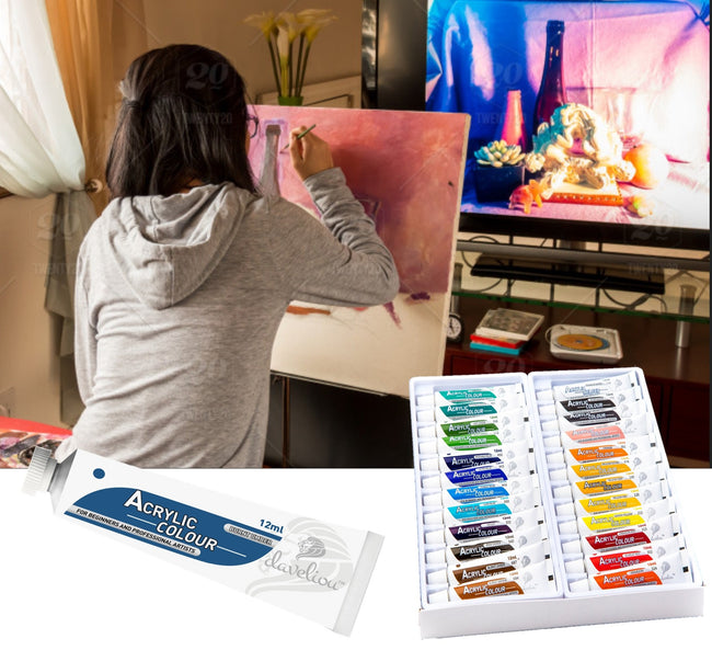 Daveliou™ artist grade Acrylic Paint Set for beginners are water soluble containing pigment suspension in water-based surfactant binders emulsion providing a vibrant non-toxic and durable paint.  They are produced using sustainable materials from sustainably managed sources, preventing damage to eco-systems, watersheds, wildlife, trees and the protecting our worker's rights to live in safety, free from abuse and neglect. 