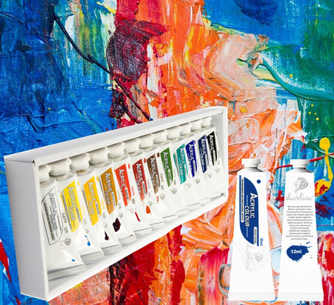 Daveliou™ Acrylic art set offers a versatile assortment of 32ml paint tubes hold 1.08 FL oz of non-toxic paint offering a color palette comprising 12 beautiful shades to work with. The premium acrylic emulsion consistency enables fast inherent drying allowing outstanding body and gloss control characteristics that are brushable retaining peaks and ridges when applied in thick applications. 