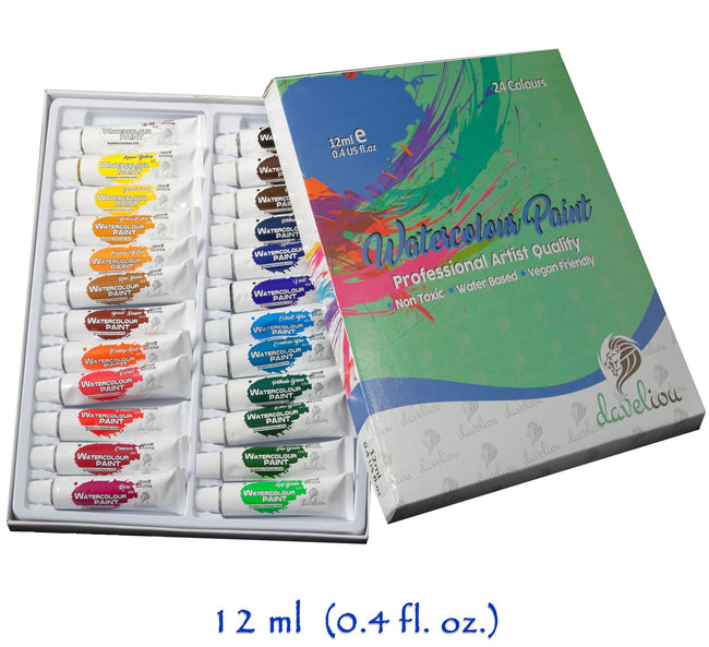 Daveliou™ professional artist quality high-grade watercolors allow you to unleash your creativity with this artist grade eco non-toxic medium.  Wake up in a creative mood and start watercolor painting with the Daveliou™ Watercolor Paint Set. Every 12ml tube contains premium-quality pigments that allow for vivid colors that stay vivid. Unlike other paints which can be too chalky, lack vivid pigmentation, and don’t blend well, Our Paint Tubes Set provides an unbeatable solution.